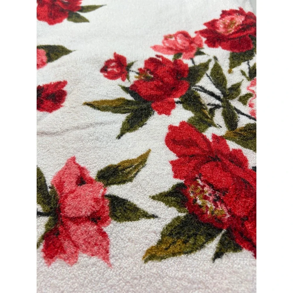 Vintage‎ Floral Terry Cloth Tablecloth Red Pink Peony Botanical Cotton 63x52